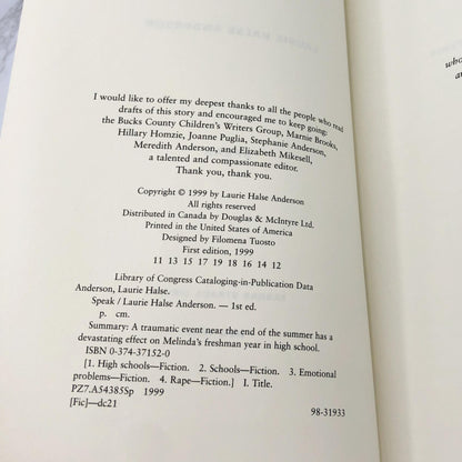 Speak by Laurie Halse Anderson [FIRST EDITION] 1999 • FSG