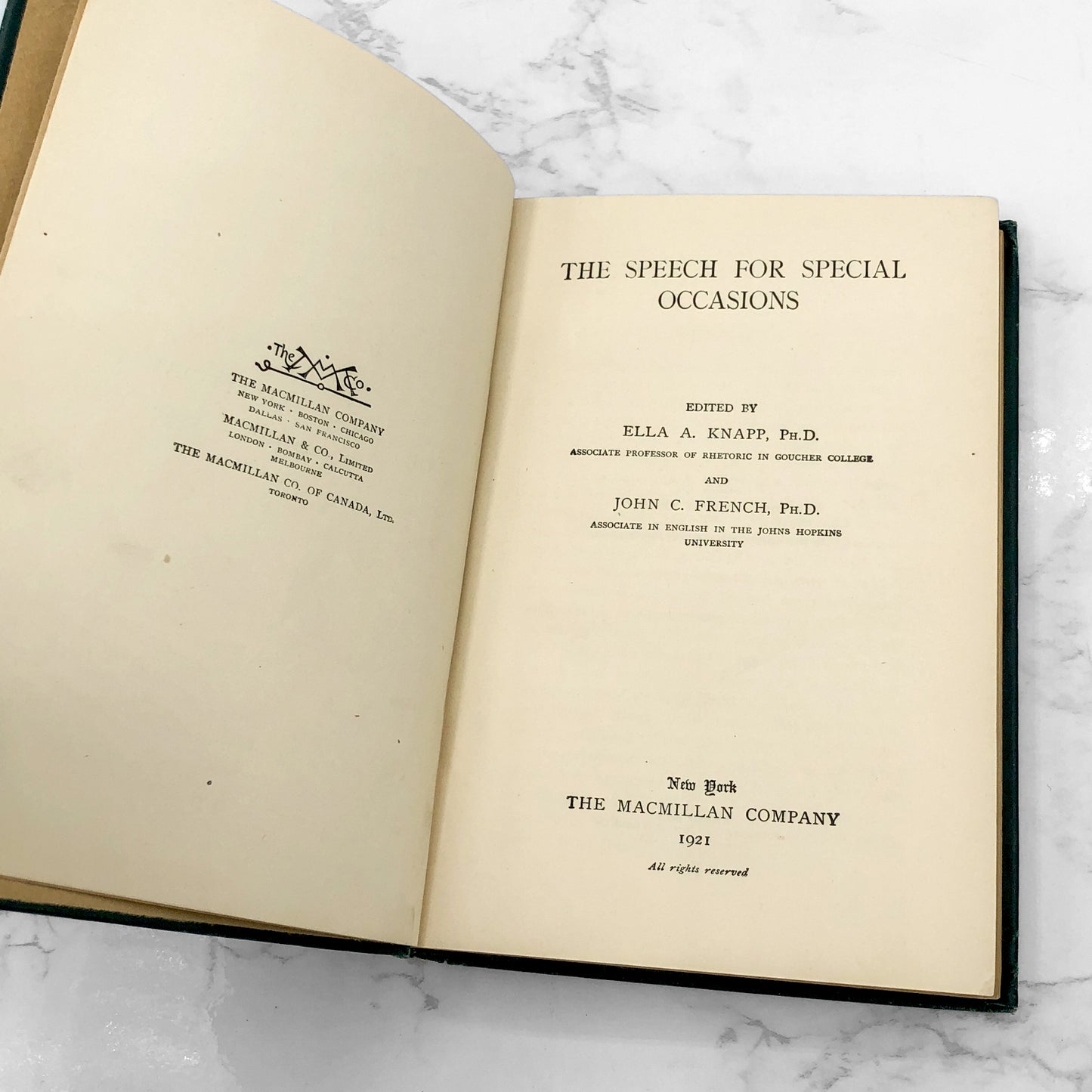 The Speech for Special Occasions by Ella A. Knapp & John C. French [1921 HARDCOVER] • The Macmillan Company
