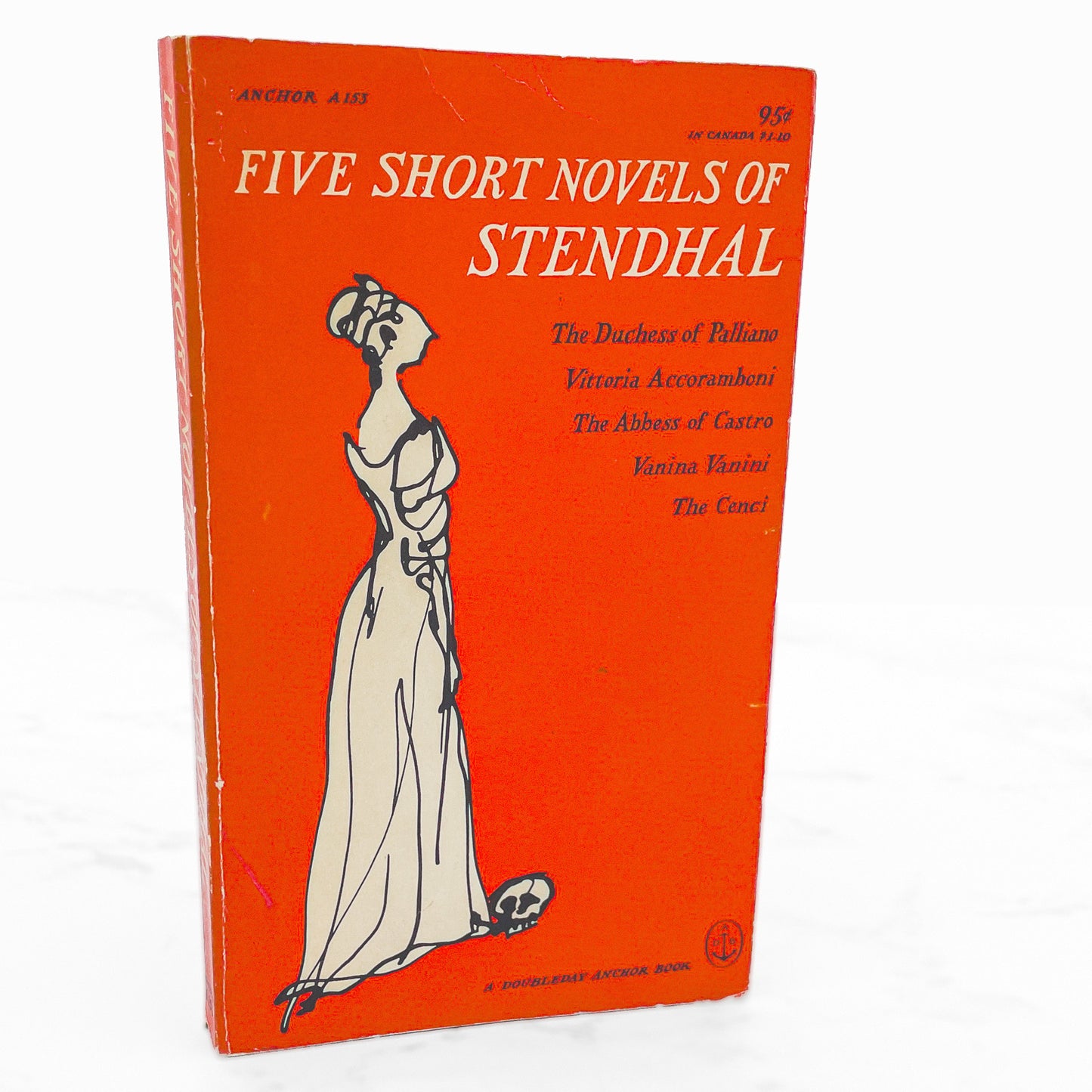 Book cover of 'Five Short Novels of Stendhal' with an illustration of a woman in a long dress on an orange background.