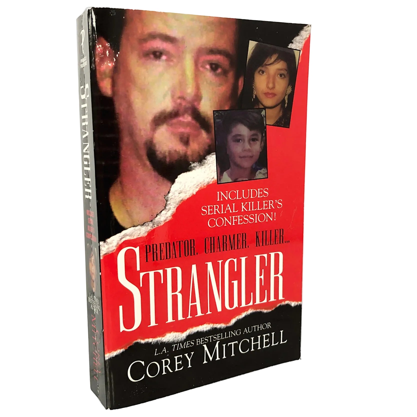 A paperback book titled "Strangler" by Corey Mitchell, standing upright on a light marble-like surface against a white background. The cover features a large portrait of a man with a beard, torn-paper style red and black sections, and smaller inset portrait photos.
