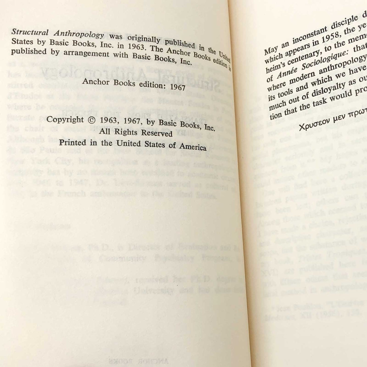 Structural Anthropology by Claude Lévi-Strauss [FIRST PAPERBACK PRINTING] 1967 • Anchor Books