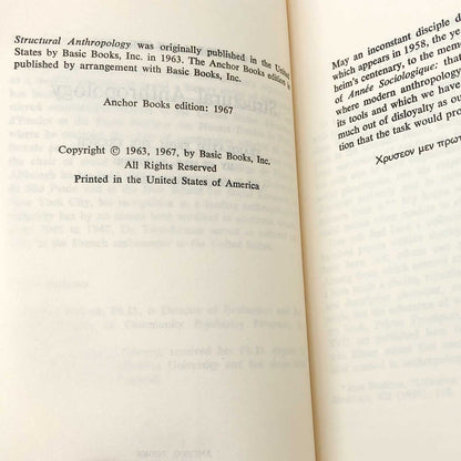 Structural Anthropology by Claude Lévi-Strauss [FIRST PAPERBACK PRINTING] 1967 • Anchor Books