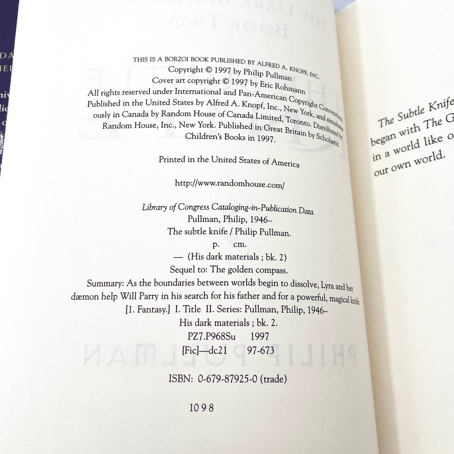 The Subtle Knife by Philip Pullman [U.S. FIRST EDITION] 1997 • Knopf • His Dark Materials #2