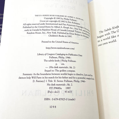 The Subtle Knife by Philip Pullman [U.S. FIRST EDITION] 1997 • Knopf • His Dark Materials #2