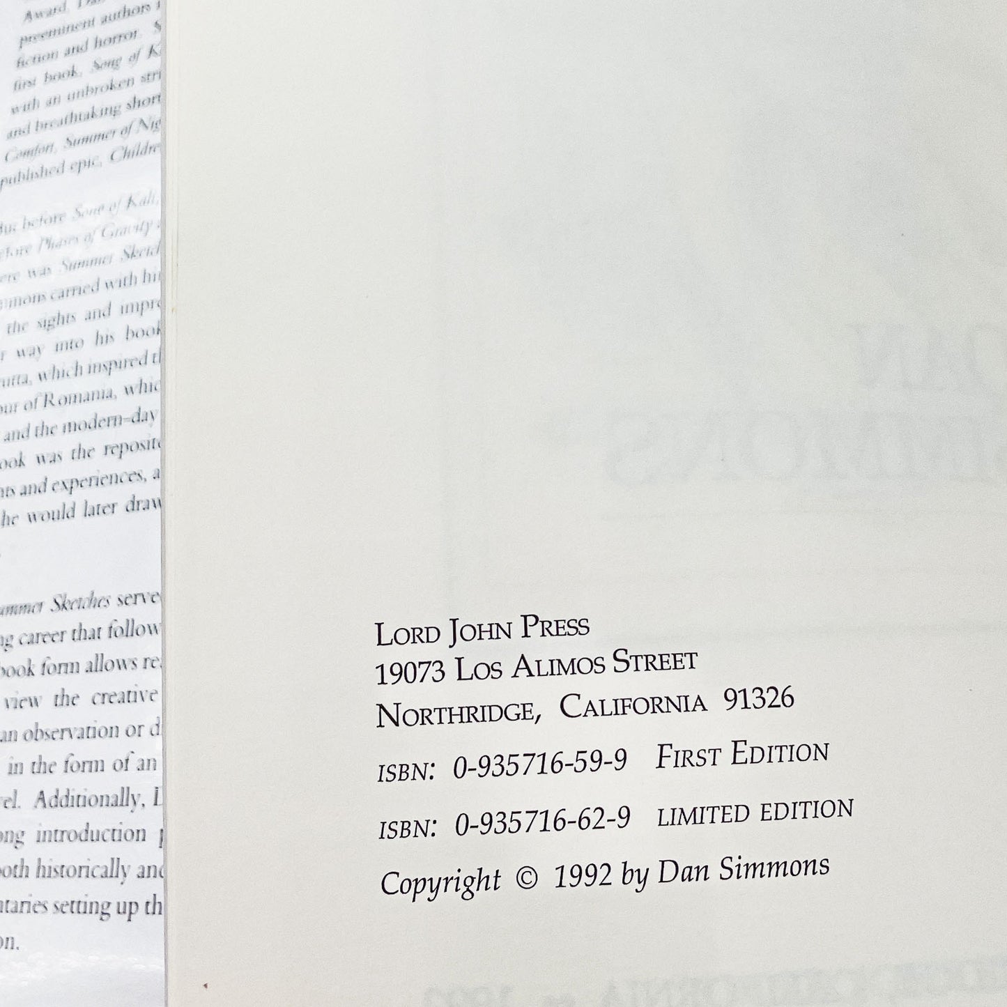 Summer Sketches by Dan Simmons [FIRST EDITION • FIRST PRINTING] 1992 • Lord John Press