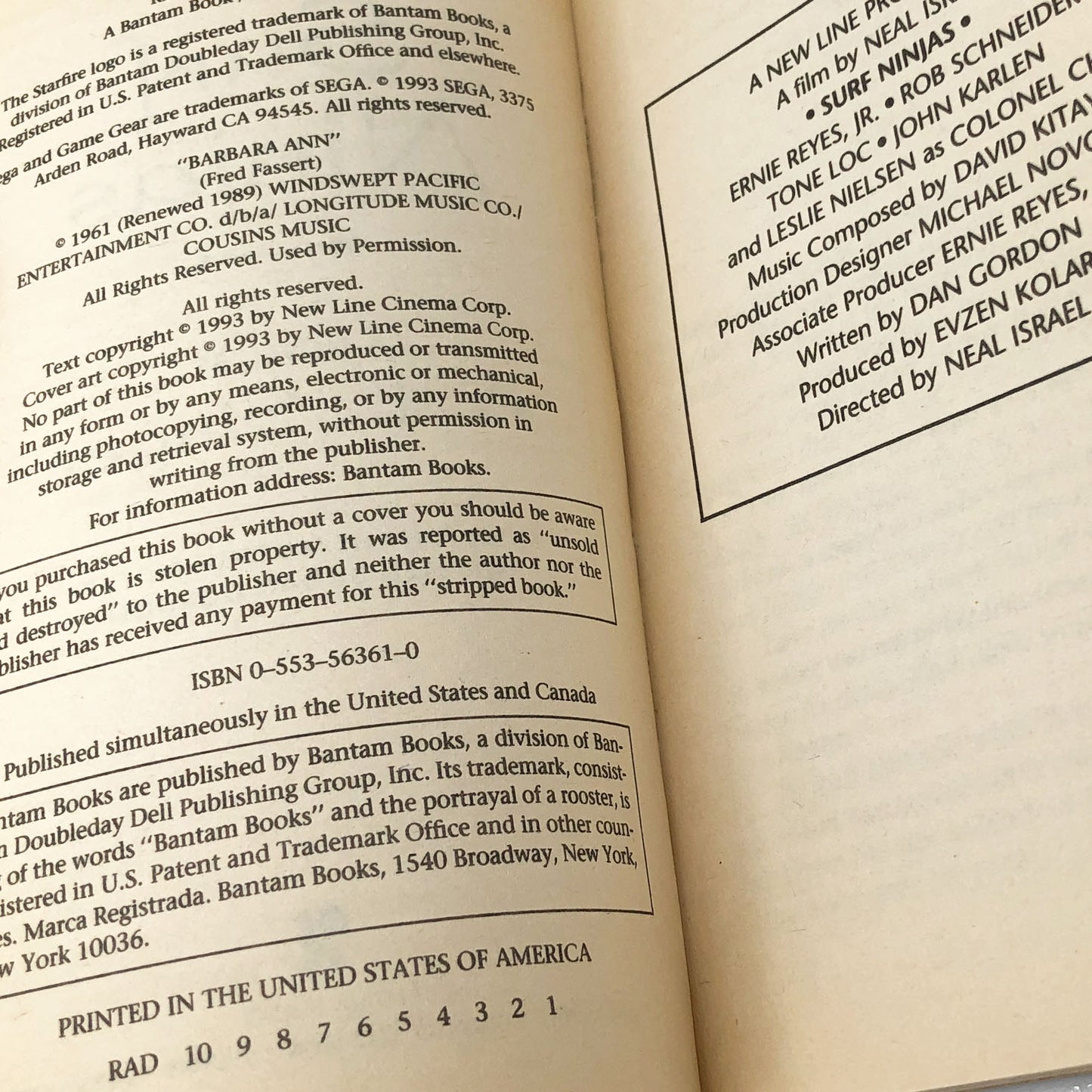 Surf Ninjas : A Novelization by A.L. Singer [MOVIE TIE-IN PAPERBACK] 1993 • Bantam Starfire