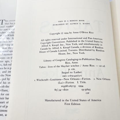 Taltos by Anne Rice [FIRST EDITION • FIRST PRINTING] 1994 • Knopf • Mayfair Witches #3