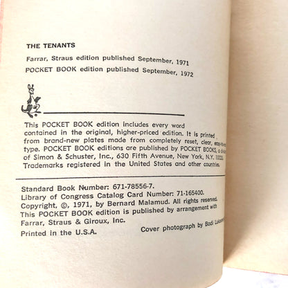 The Tenants by Bernard Malamud [FIRST PAPERBACK PRINTING] 1972 • Pocket Books