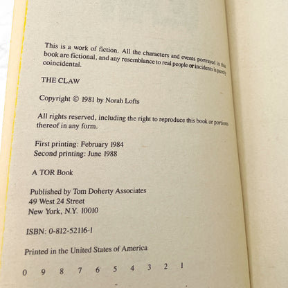 The Claw by Norah Lofts [FIRST U.S. PAPERBACK EDITION] 1984 • TOR Horror