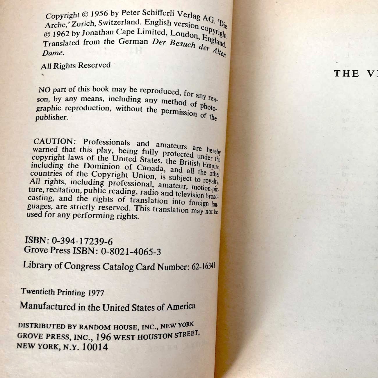 The Visit: A Tragi-Comedy by Friedrich Dürrenmatt [TRADE PAPERBACK] 1977 • Grove Press