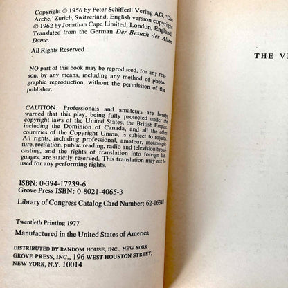 The Visit: A Tragi-Comedy by Friedrich Dürrenmatt [TRADE PAPERBACK] 1977 • Grove Press