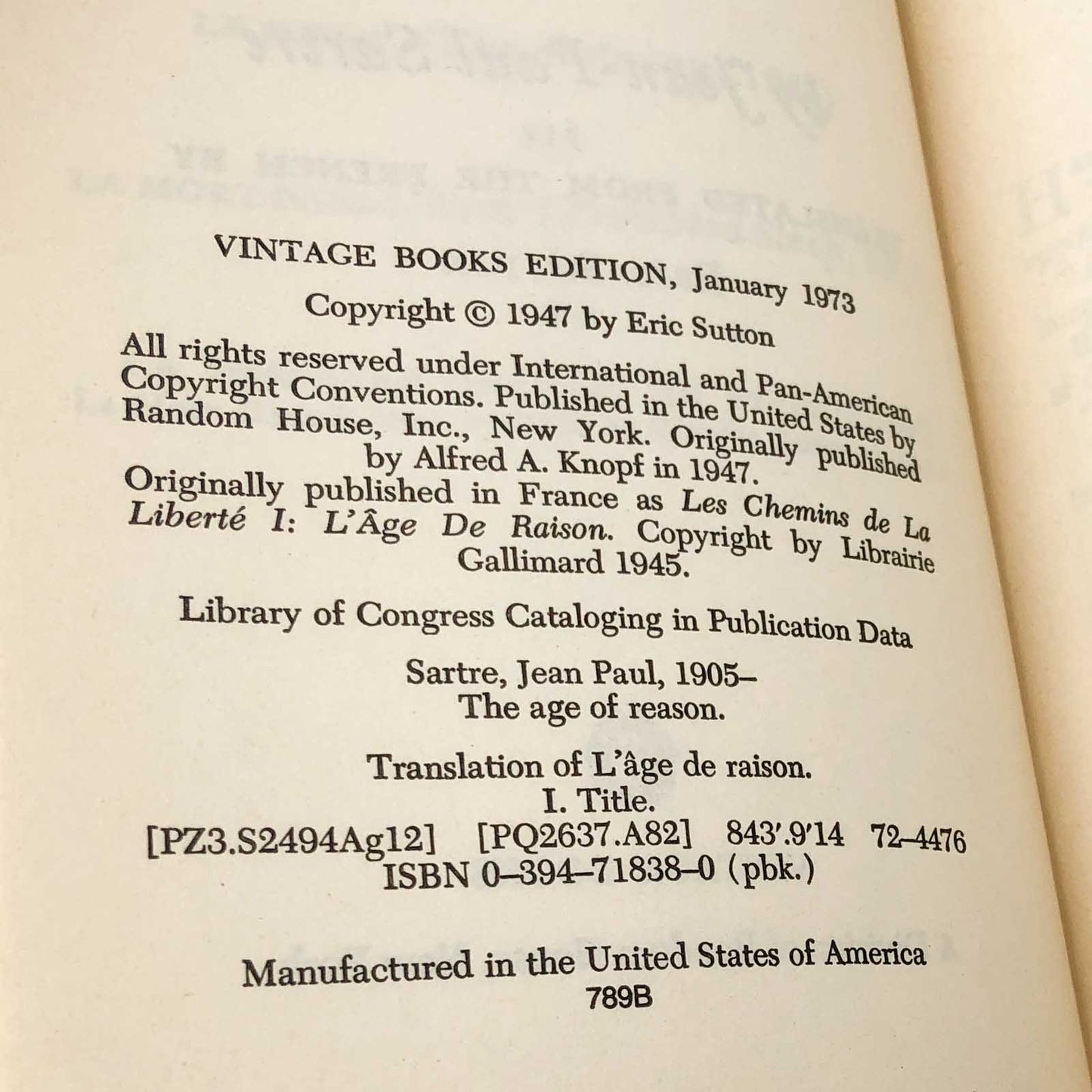 The Age of Reason by Jean-Paul Sartre [1973 PAPERBACK] Vintage Books