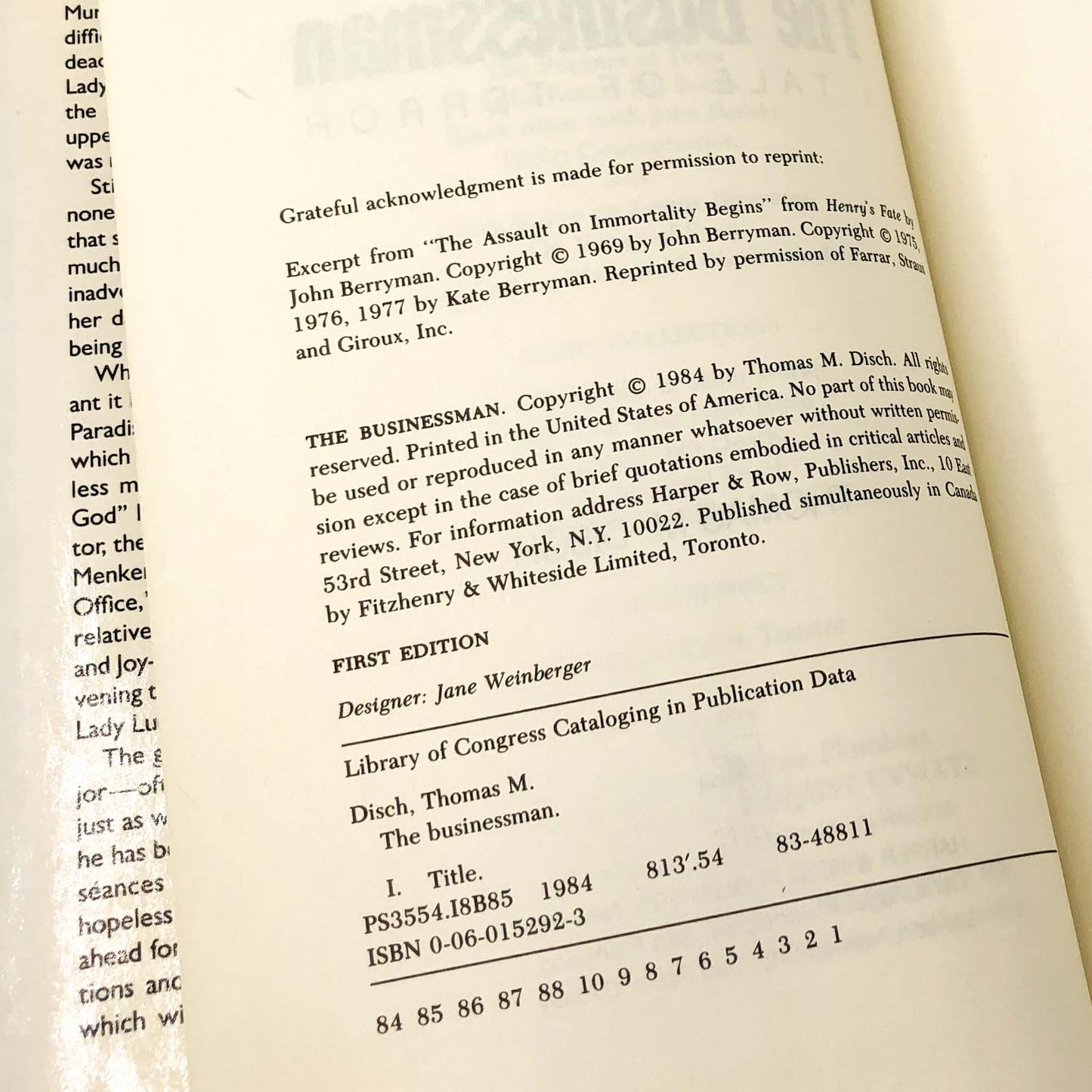 The Businessman: A Tale of Terror by Thomas M. Disch [FIRST EDITION • FIRST PRINTING] 1984 • Harper & Row