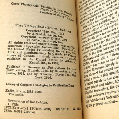 The Castle by Franz Kafka [DEFINITIVE EDITION PAPERBACK] 1974 • Vintage Books • Rare Cover!
