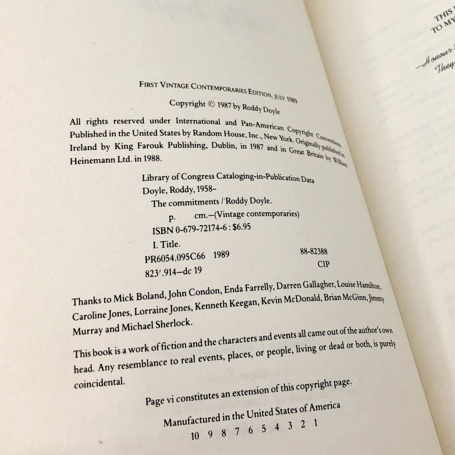 The Commitments by Roddy Doyle [U.S. FIRST EDITION • FIRST PRINTING] 1989 • Vintage Contemporaries