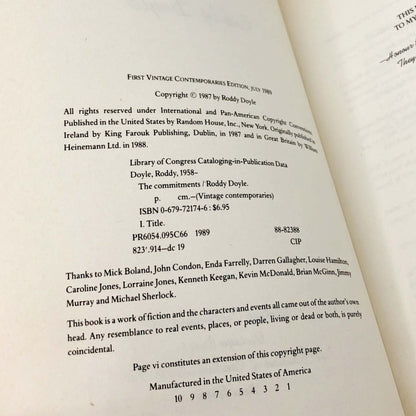 The Commitments by Roddy Doyle [U.S. FIRST EDITION • FIRST PRINTING] 1989 • Vintage Contemporaries