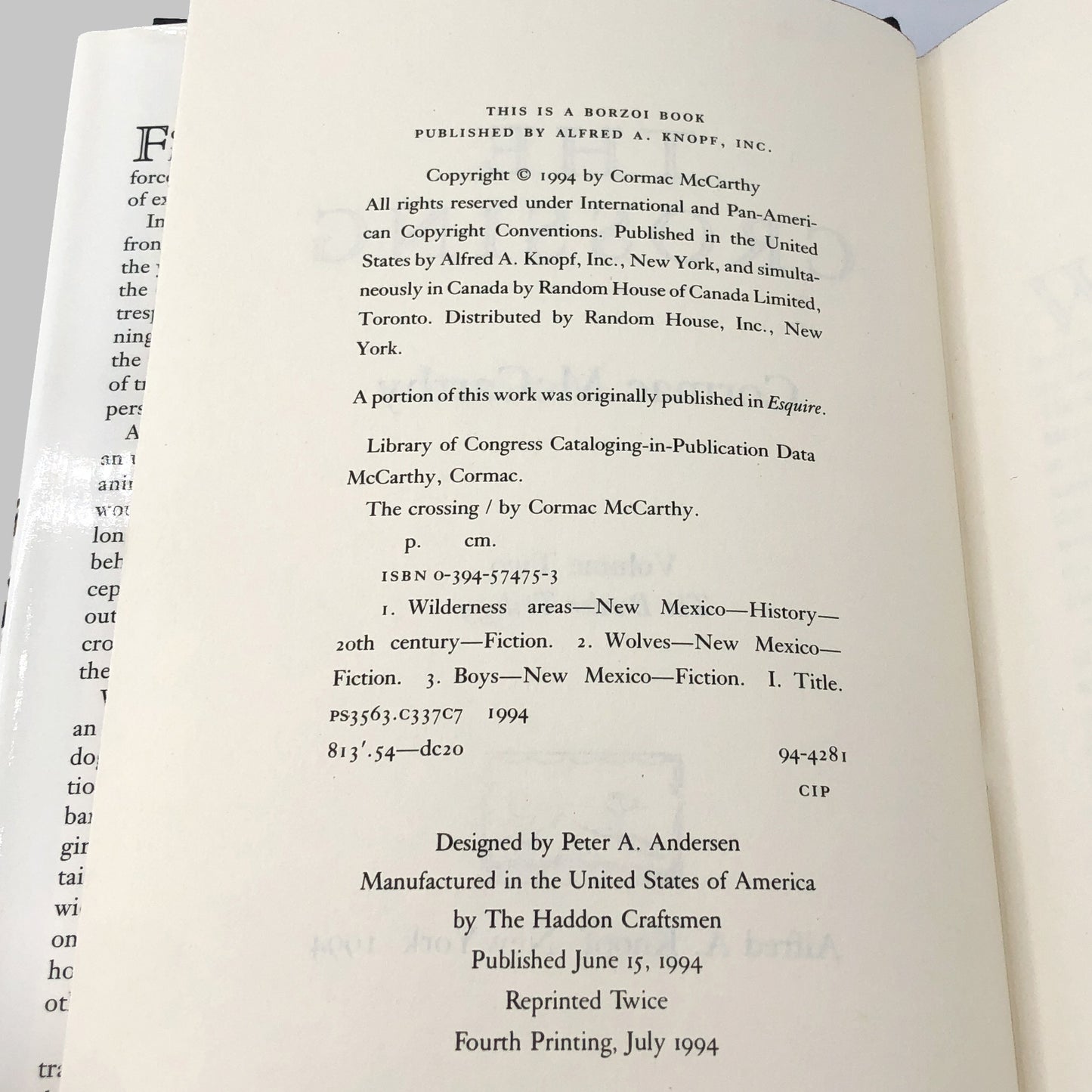 The Crossing by Cormac McCarthy [FIRST EDITION] 1994 • 4th Printing • Knopf
