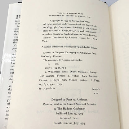 The Crossing by Cormac McCarthy [FIRST EDITION] 1994 • 4th Printing • Knopf