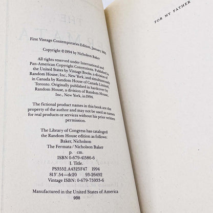 The Fermata by Nicholson Baker [FIRST PAPERBACK EDITION] 1995 • Vintage Contemporaries