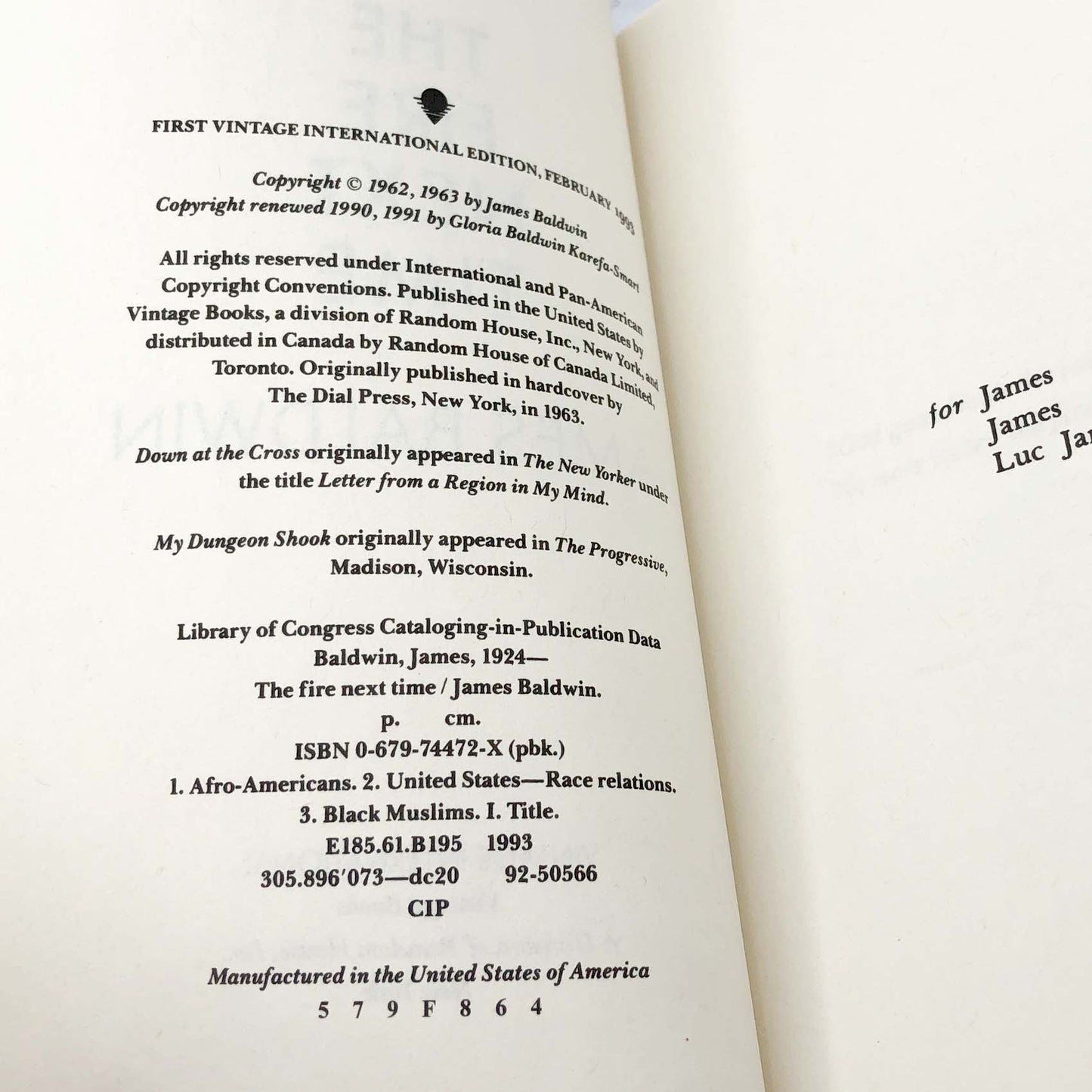 The Fire Next Time by James Baldwin [TRADE PAPERBACK] 1993 • Vintage International