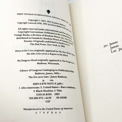 The Fire Next Time by James Baldwin [TRADE PAPERBACK] 1993 • Vintage International