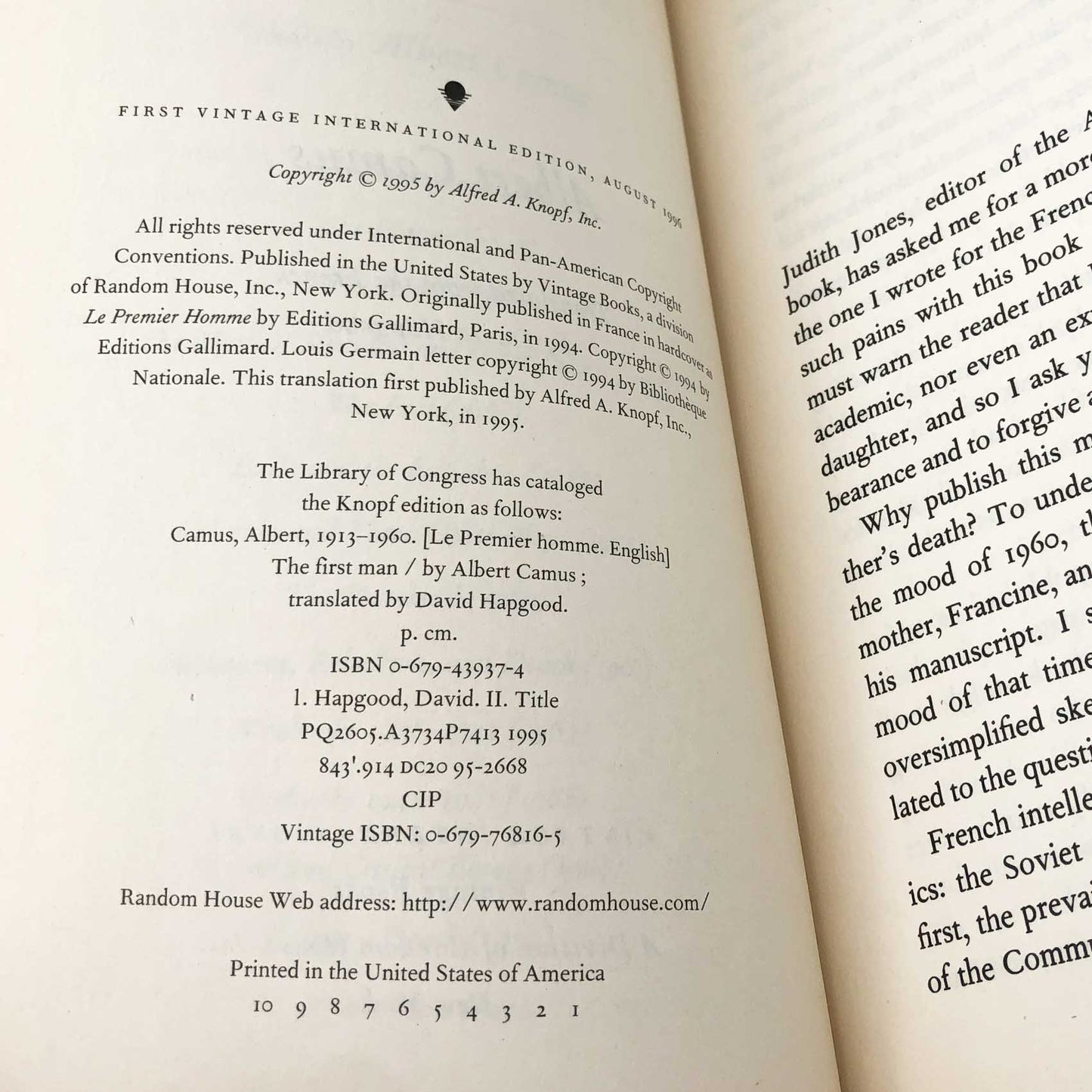 The First Man by Albert Camus [FIRST U.S. PAPERBACK PRINTING] 1996 • Vintage International