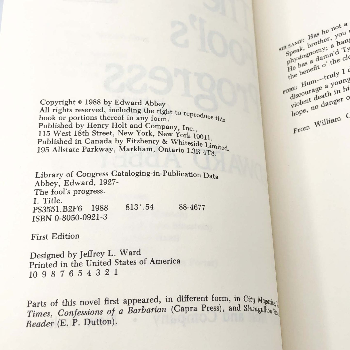 The Fool's Progress by Edward Abbey [FIRST EDITION • FIRST PRINTING] 1988 • Henry Holt