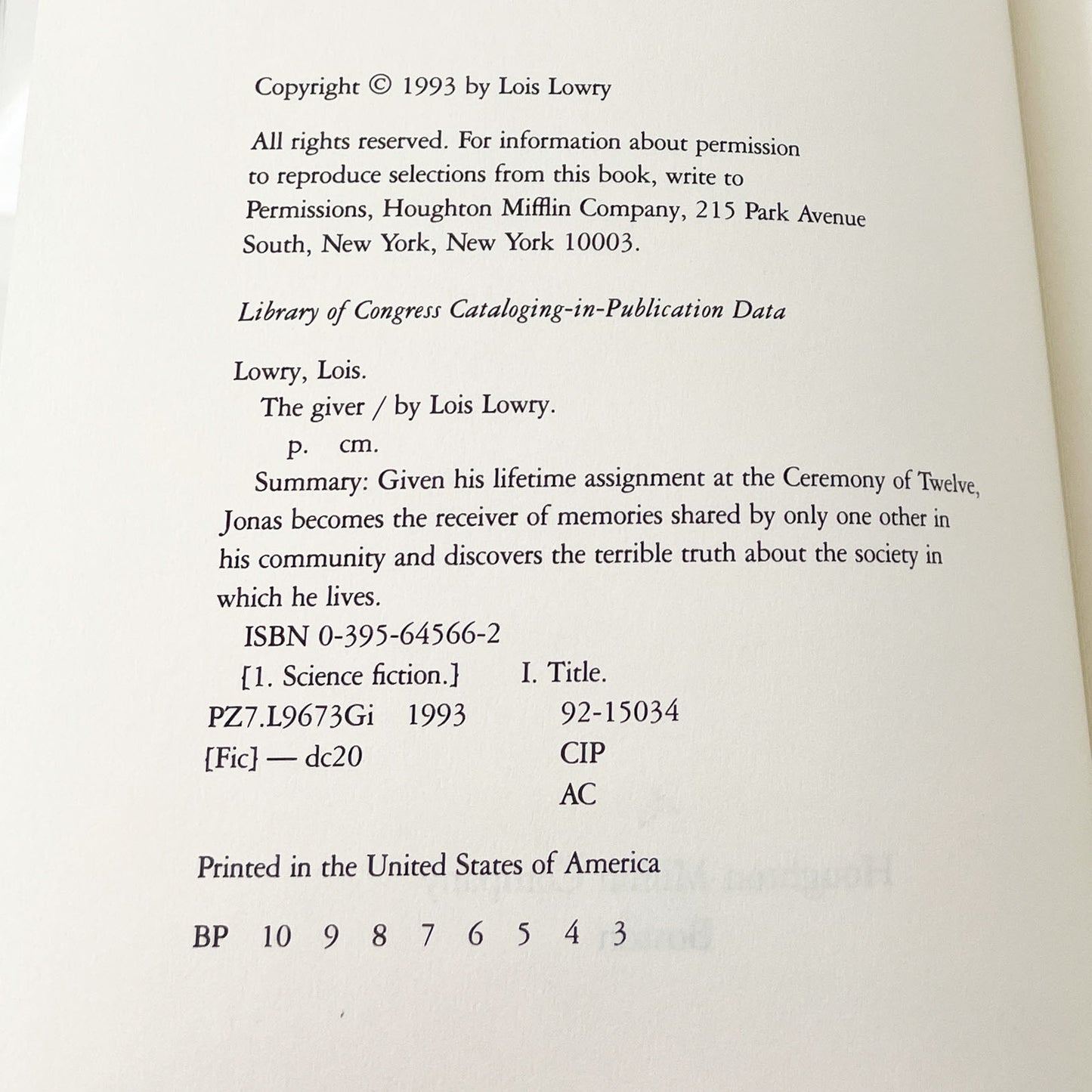 The Giver by Lois Lowry [FIRST EDITION] 1993 • 3rd Printing! • Houghton Mifflin