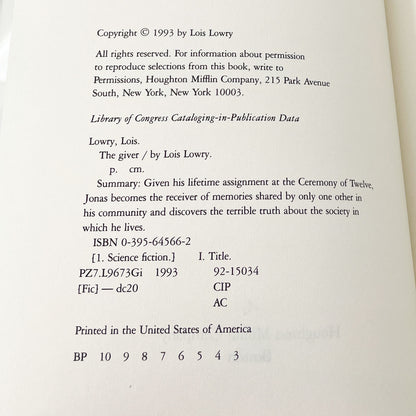 The Giver by Lois Lowry [FIRST EDITION] 1993 • 3rd Printing! • Houghton Mifflin