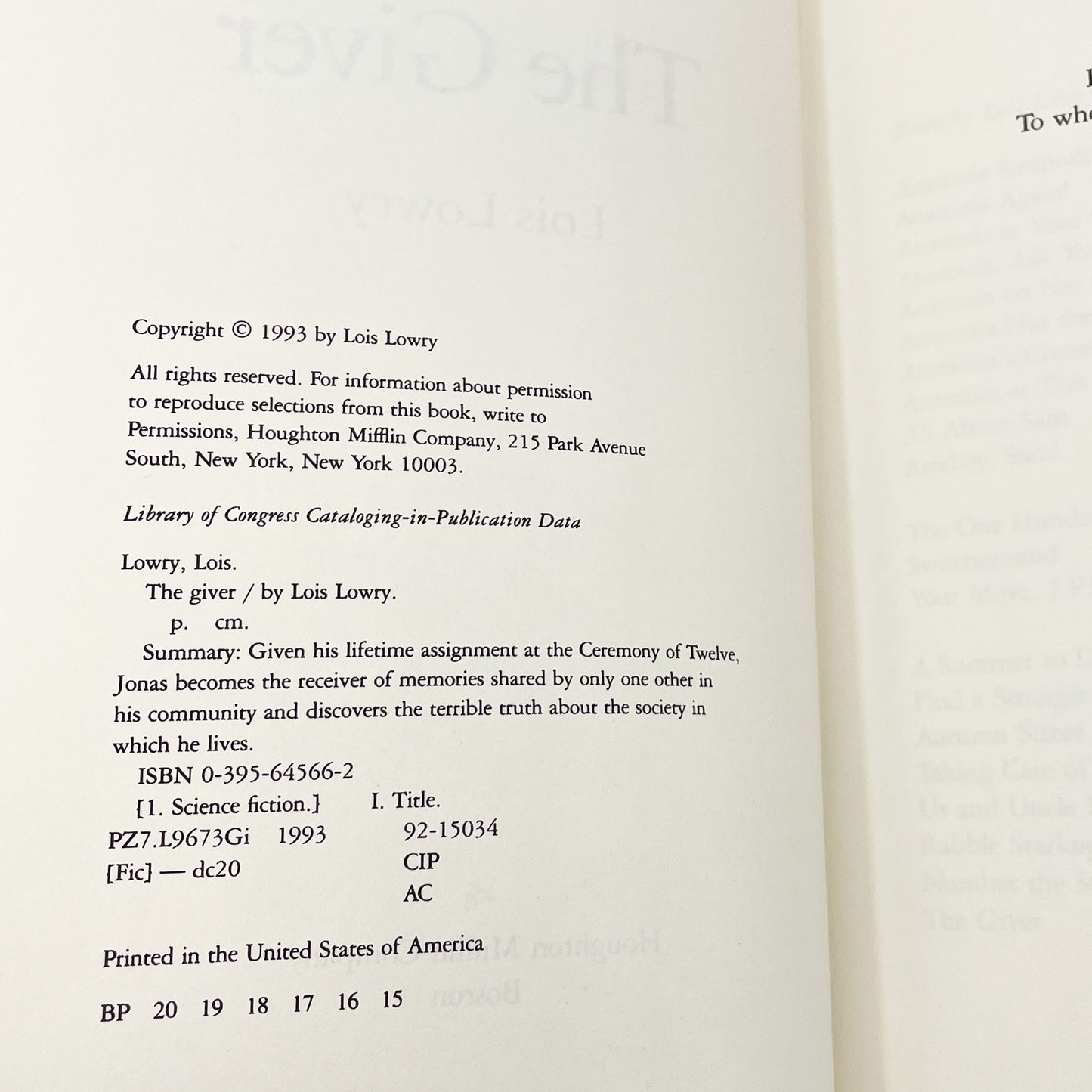 The Giver by Lois Lowry [FIRST EDITION] 1993 • 15th Printing • Houghton Mifflin