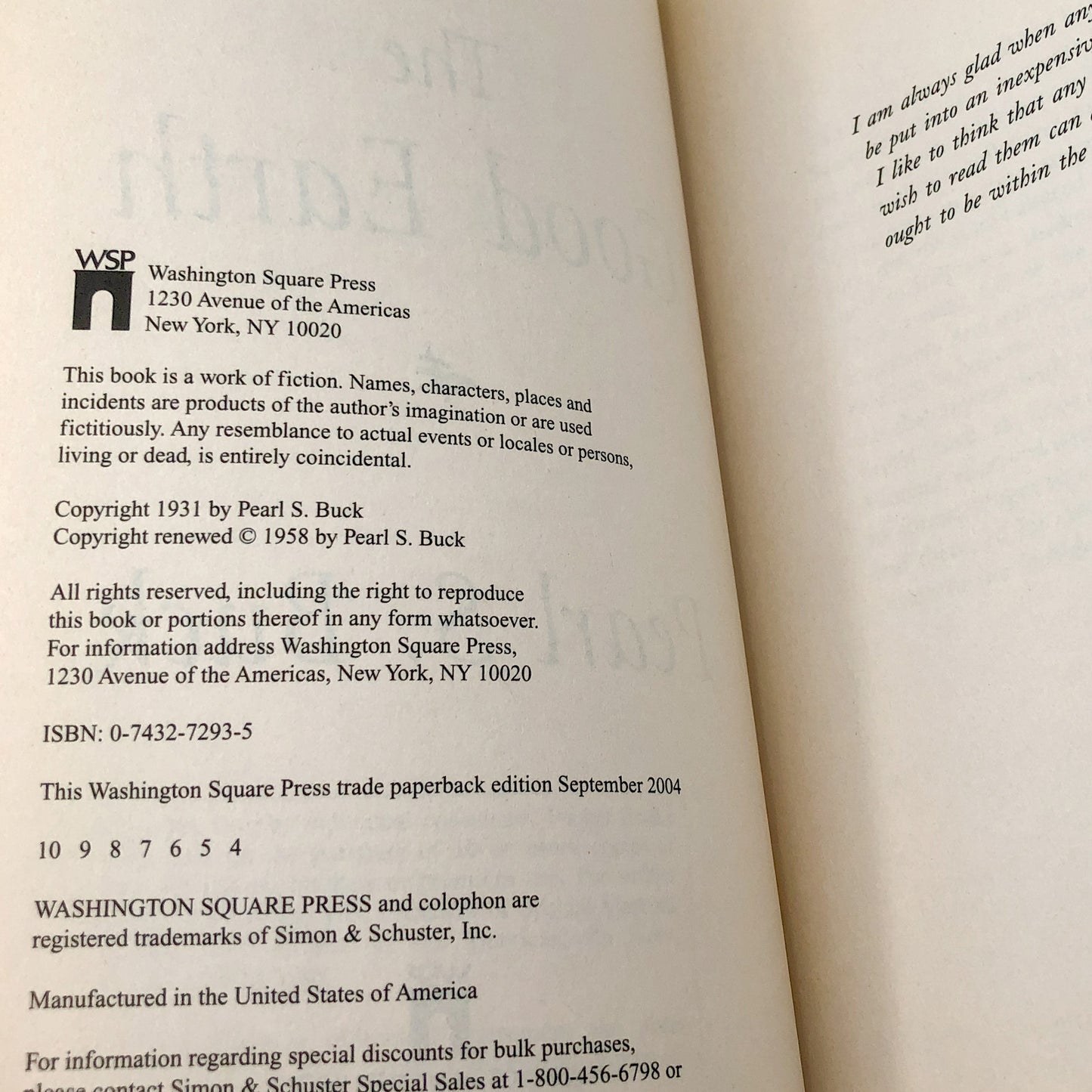 The Good Earth by Pearl S. Buck [TRADE PAPERBACK] • 2004 • Washington Square Press