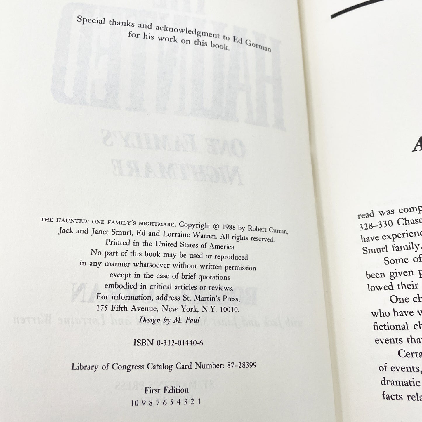 The Haunted: One Family's Nightmare by Robert Curran with Ed & Lorraine Warren [FIRST EDITION • FIRST PRINTING] 1988 • St. Martin's Press