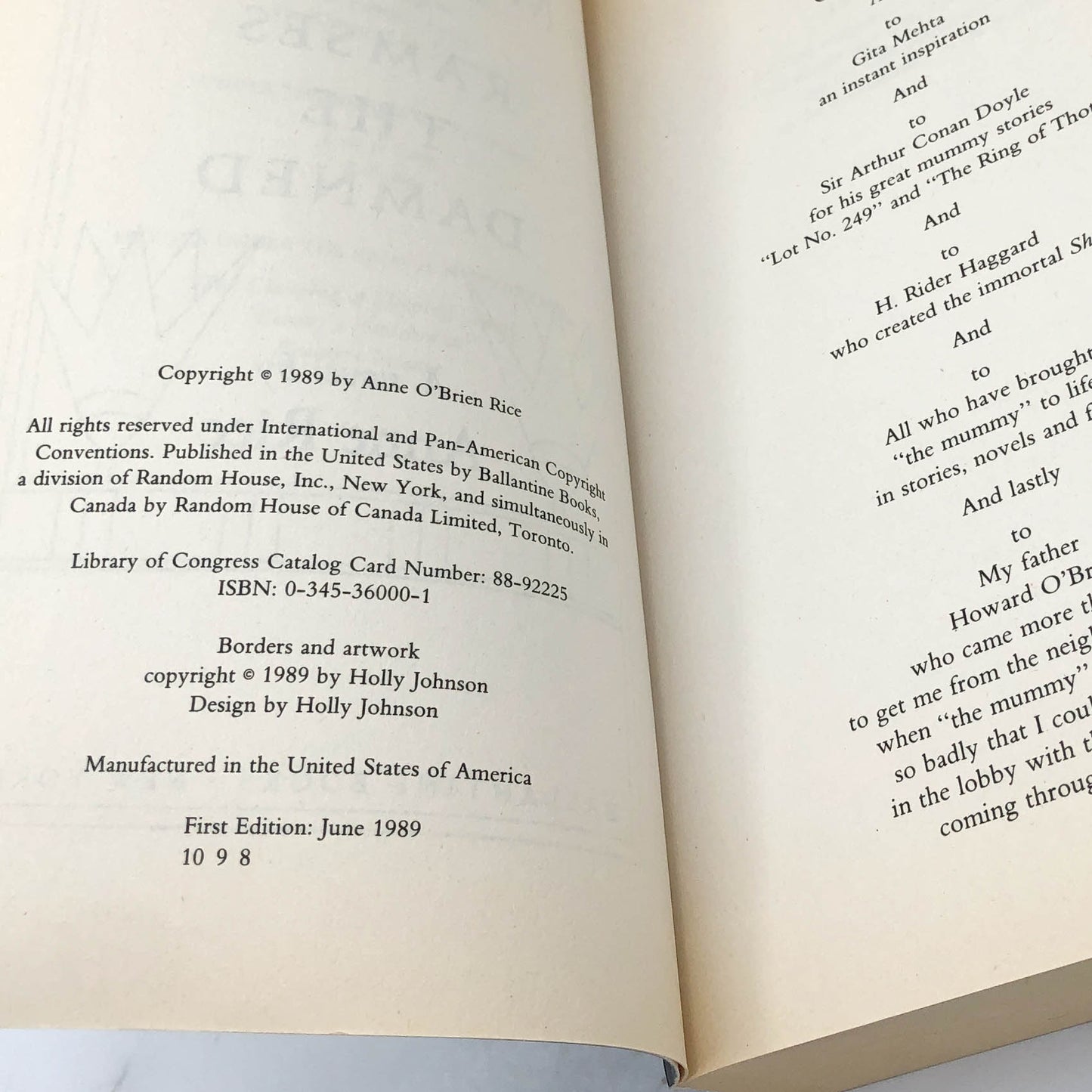 The Mummy or Ramses the Damned by Anne Rice [FIRST EDITION] 1989 • Ballantine Books