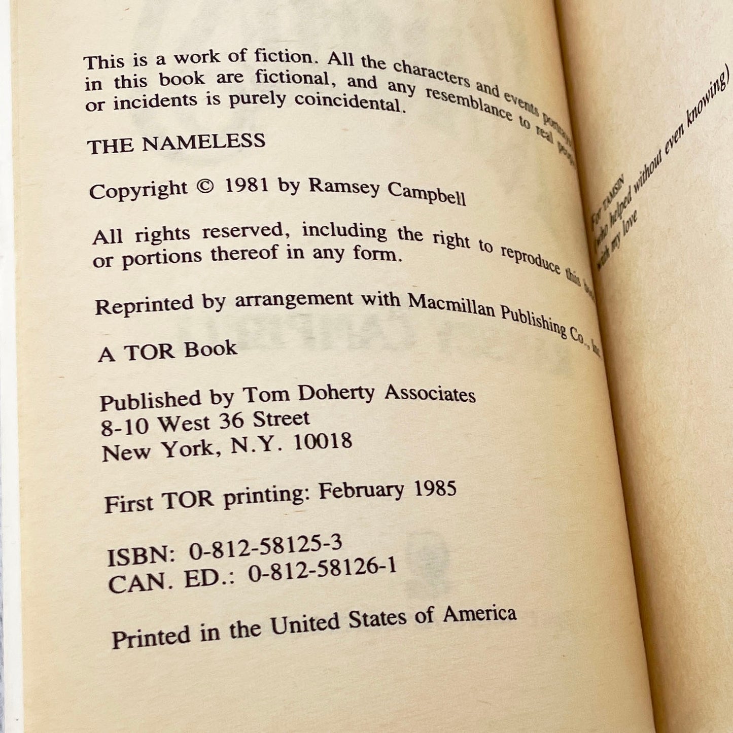 The Nameless by Ramsey Campbell [1985 PAPERBACK] • Tor Horror