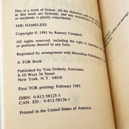 The Nameless by Ramsey Campbell [1985 PAPERBACK] • Tor Horror