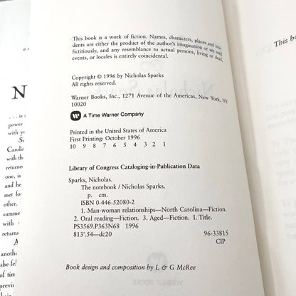 The Notebook by Nicholas Sparks [FIRST EDITION • FIRST PRINTING] 1996