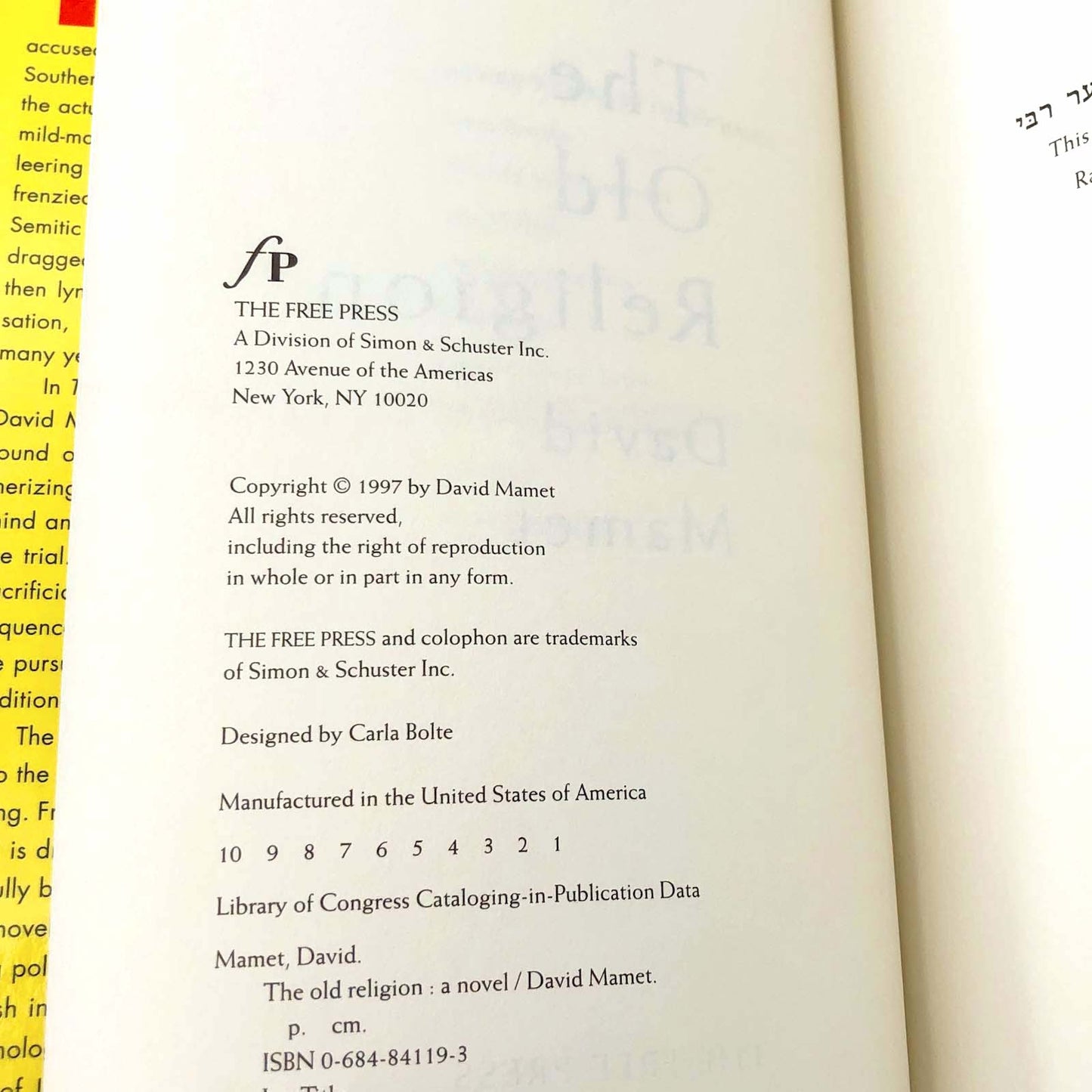 The Old Religion by David Mamet [FIRST EDITION • FIRST PRINTING] 1997 • The Free Press