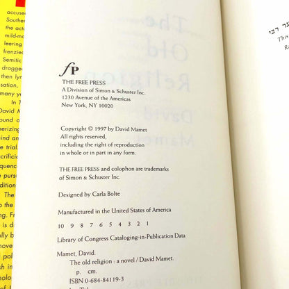 The Old Religion by David Mamet [FIRST EDITION • FIRST PRINTING] 1997 • The Free Press