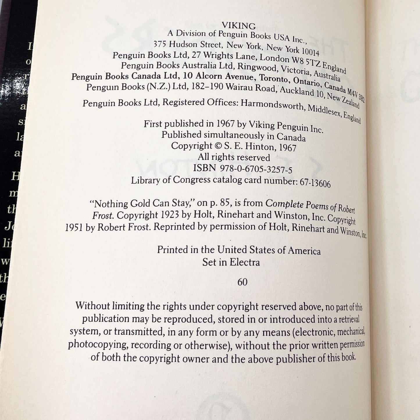 The Outsiders by S.E. Hinton [HARDCOVER RE-PRINT] 1997 • 60th Printing • Viking • Mint!