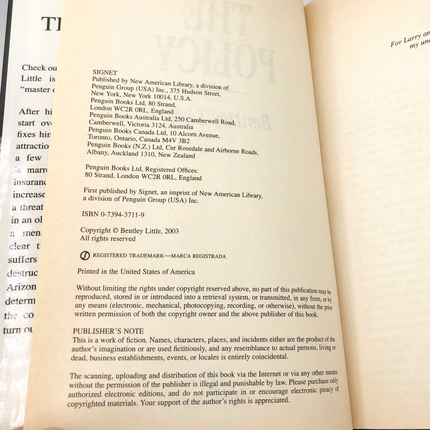 The Policy by Bentley Little [FIRST HARDCOVER EDITION] 2003 • Signet