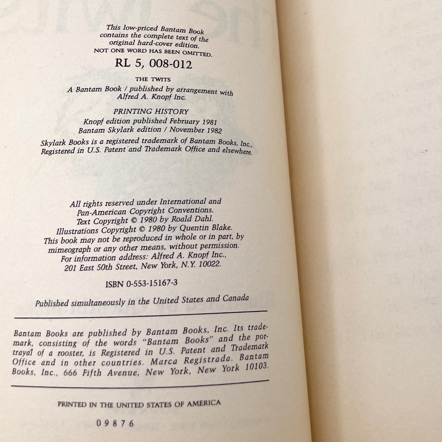 The Twits by Roald Dahl [FIRST U.S. PAPERBACK EDITION] 1982 • Bantam