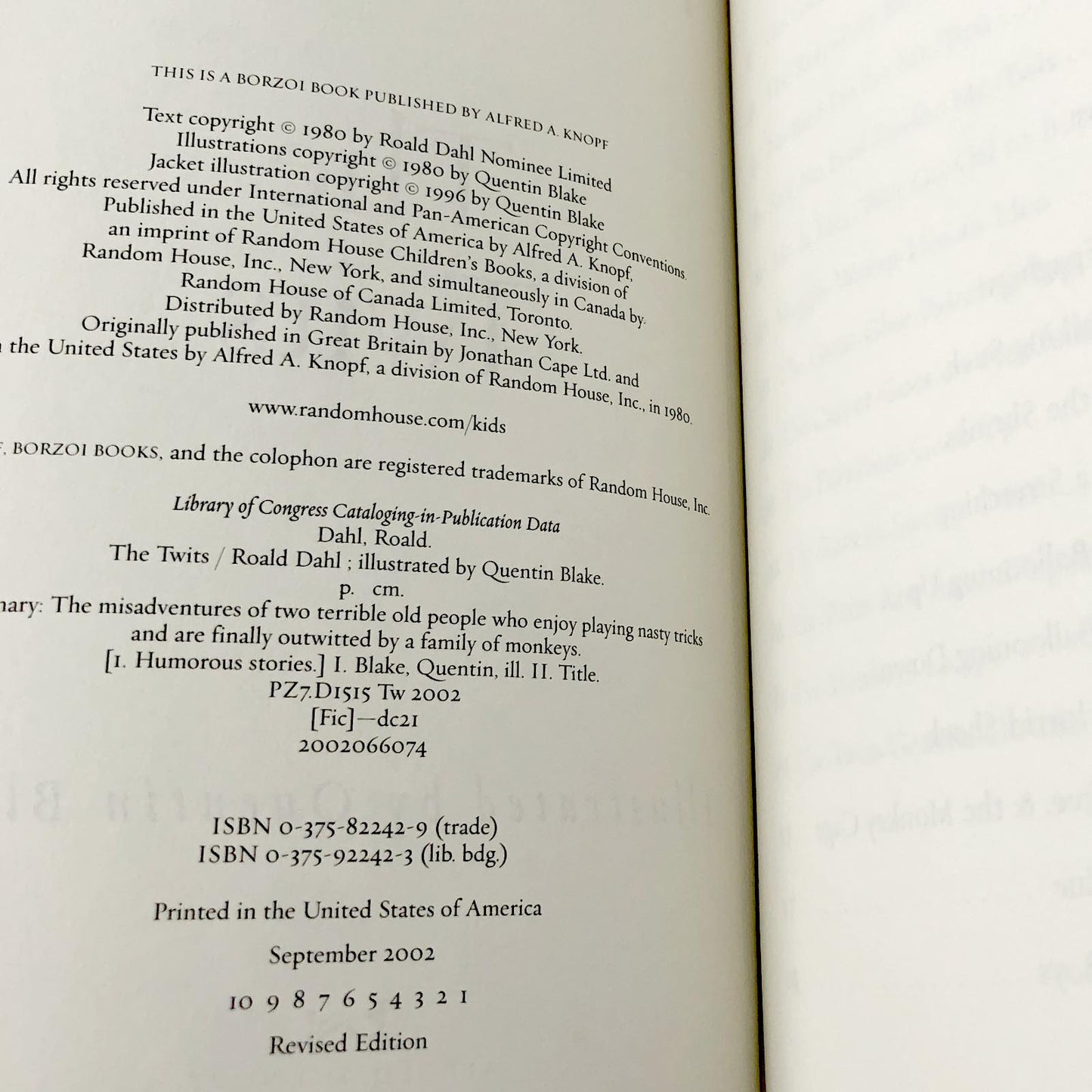 The Twits by Roald Dahl w. illustrations by Quentin Blake [HARDCOVER RE-ISSUE] 2002 • 1st Print! •Knopf