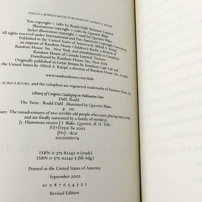 The Twits by Roald Dahl w. illustrations by Quentin Blake [HARDCOVER RE-ISSUE] 2002 • 1st Print! •Knopf