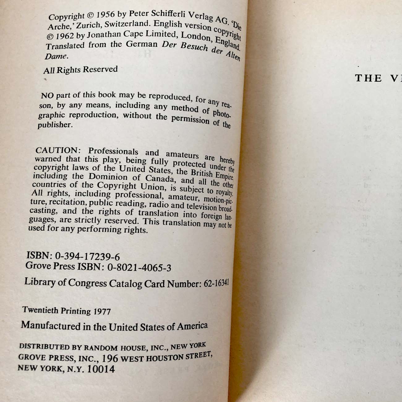 The Visit: A Tragi-Comedy by Friedrich Dürrenmatt [TRADE PAPERBACK] 1977 • Grove Press