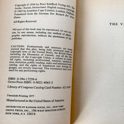 The Visit: A Tragi-Comedy by Friedrich Dürrenmatt [TRADE PAPERBACK] 1977 • Grove Press