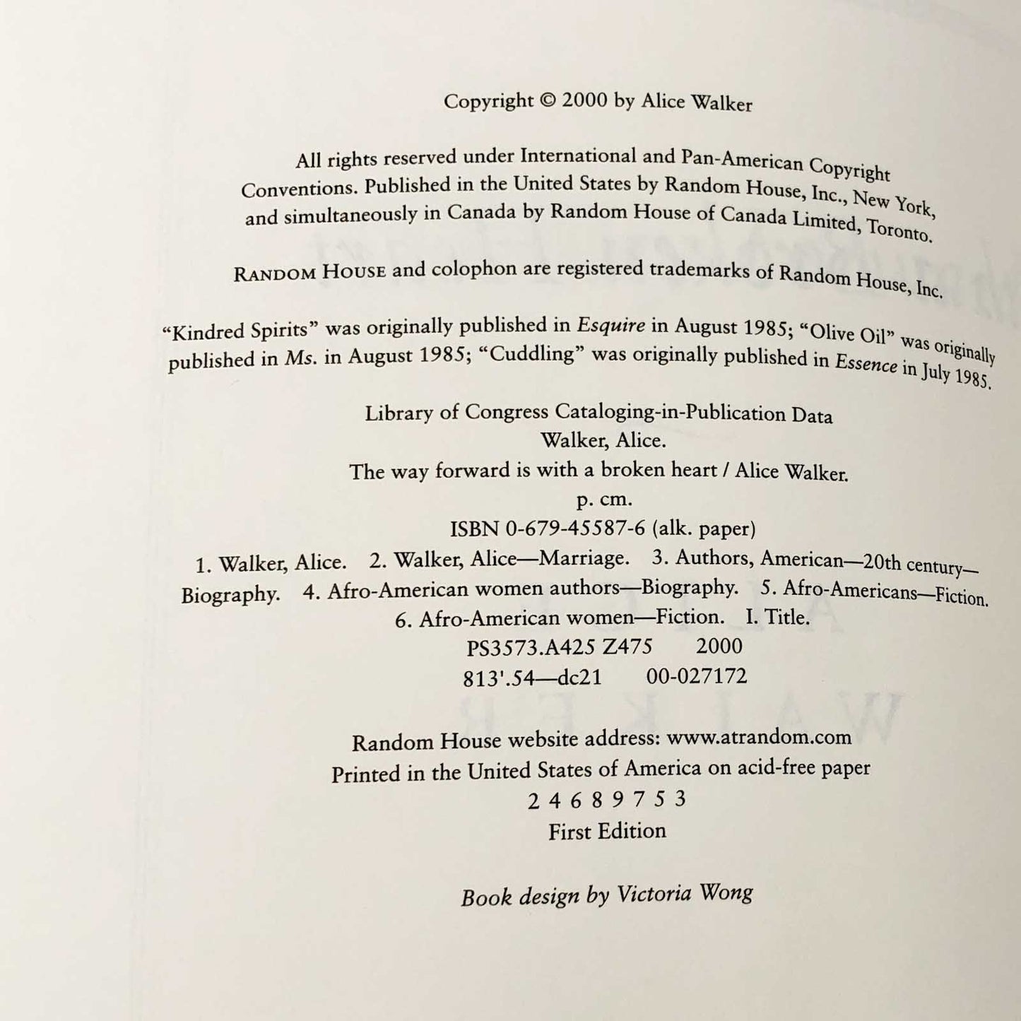 The Way Forward is with a Broken Heart by Alice Walker [FIRST EDITION] 2000 • Random House