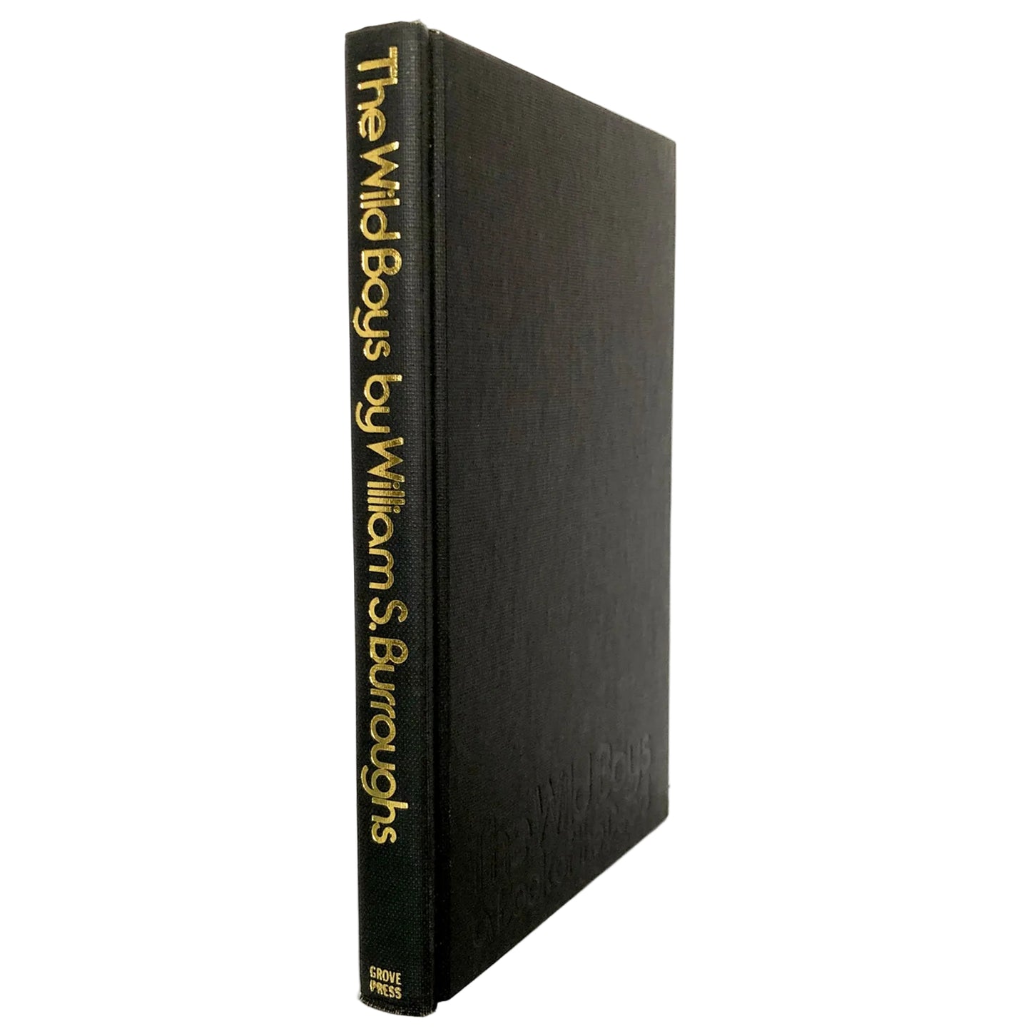 A hardcover book standing upright, shown from the spine side against a white background. The cover is black with gold lettering that reads 'The Wild Boys by William S.