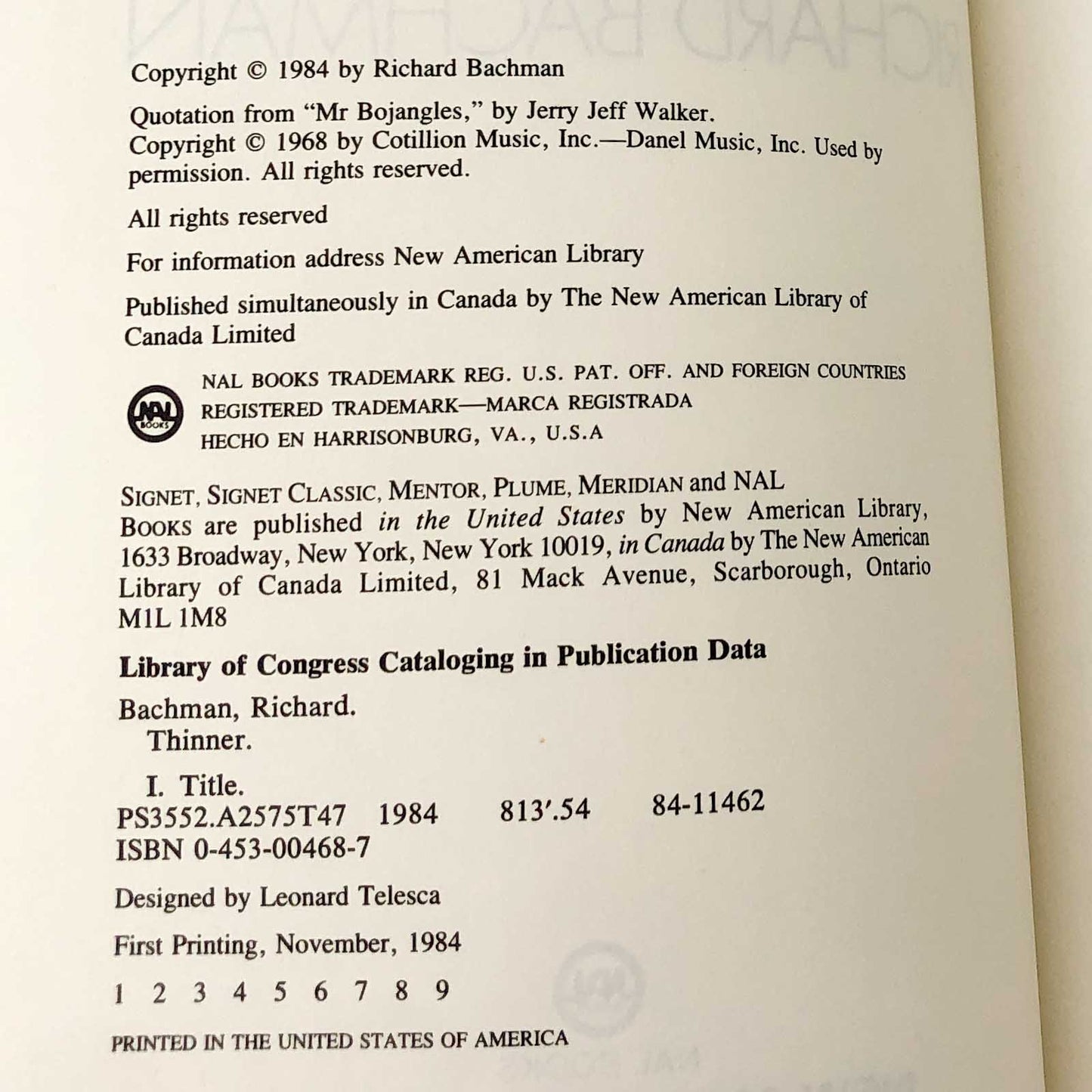 Thinner by Richard Bachman AKA Stephen King [FIRST EDITION • FIRST PRINTING] 1984 • NAL Books