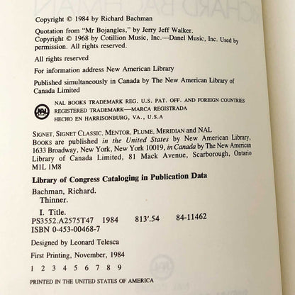 Thinner by Richard Bachman AKA Stephen King [FIRST EDITION • FIRST PRINTING] 1984 • NAL Books