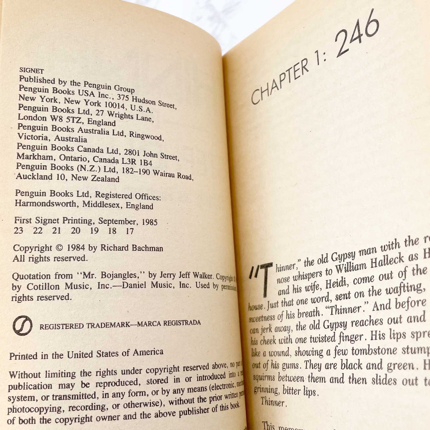 Thinner by Stephen King [FIRST PAPERBACK EDITION] 1985 • Signet